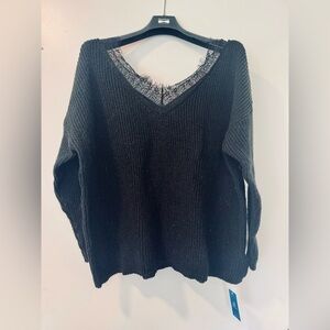 Cupshe Black V-Neck Sweater with Lace Trim